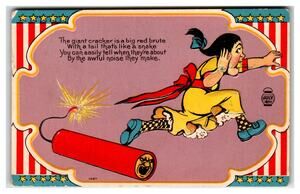 1910 Comic Fourth of July Postcard - Girl, Giant Firecracker, Patriotic